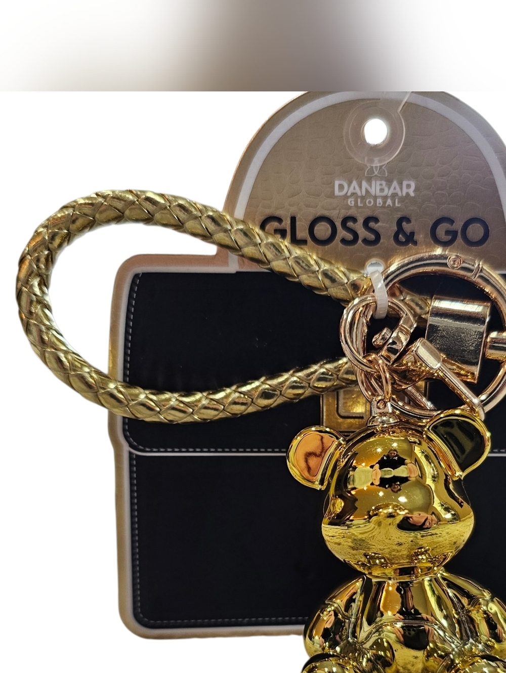Gold Metallic Teddy Bear Shaped Keychain With Braided Leather Strap. New - Picture 2 of 2